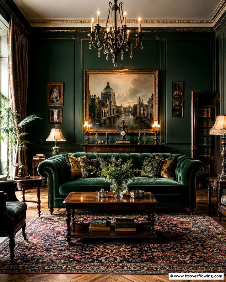 Velvet Sofas in Dark Green - 25 Victorian Dark Green Living Room Ideas for Drama