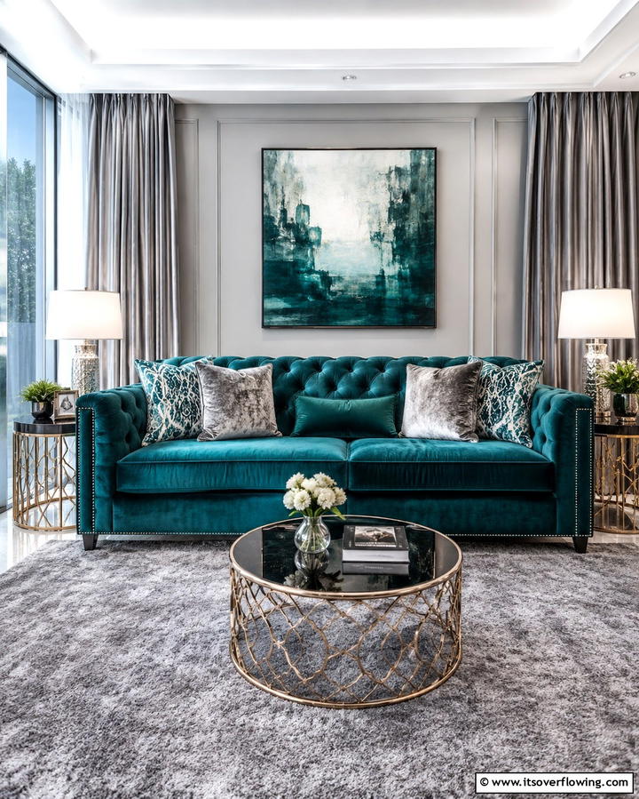 Velvet Teal Sofa with Grey Rug - 20 Teal and Grey Living Room Ideas for a Bold Aesthetic