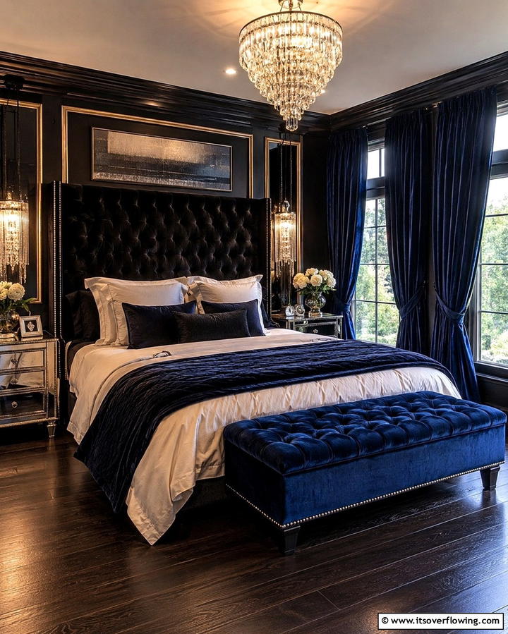 Velvet Textures in Black and Blue - 25 Black and Blue Bedroom Ideas for a Bold Statement