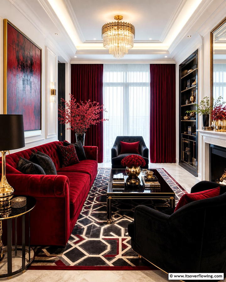 Velvet Textures - 25 Black and Red Living Room Ideas for a Dramatic Look