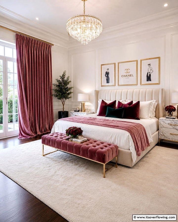 Velvet Touches Throughout - 25 Chanel Bedroom Ideas for a Luxurious and Chic Space
