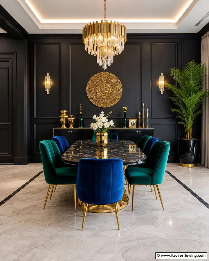 Velvet Upholstery for Elegance - 20 Black Accent Wall Dining Room Ideas for a Bold Look