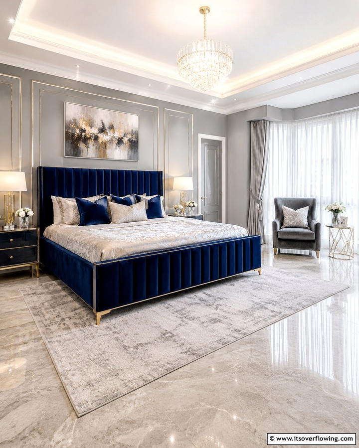 Velvet Upholstery for Luxurious Comfort - 25 Navy Blue and Grey Bedroom Ideas for Modern Style
