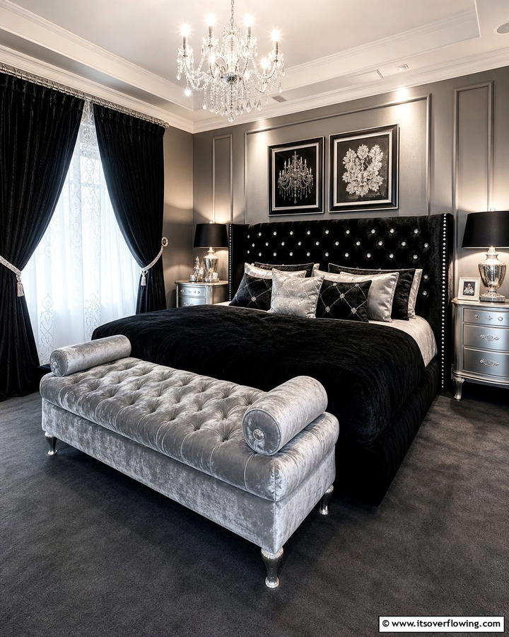 Velvet Upholstery - 20 Black and Silver Bedroom Ideas for a Sleek Aesthetic