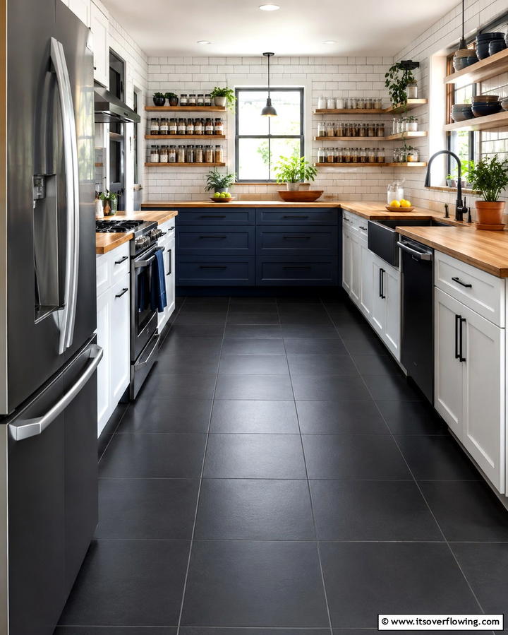 Versatile Black Ceramic Choice - 30 Sleek Black Floor Kitchen Ideas for Contemporary Designs