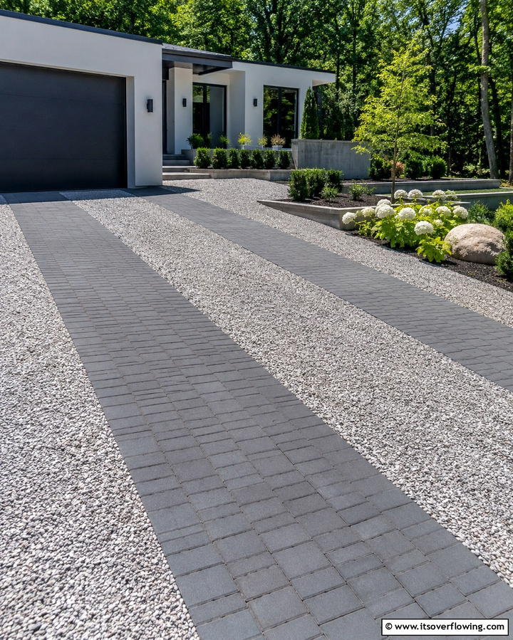 Versatile Gravel Surface with Pavers - 30 Gravel Driveway Ideas- Durable & Stylish Options