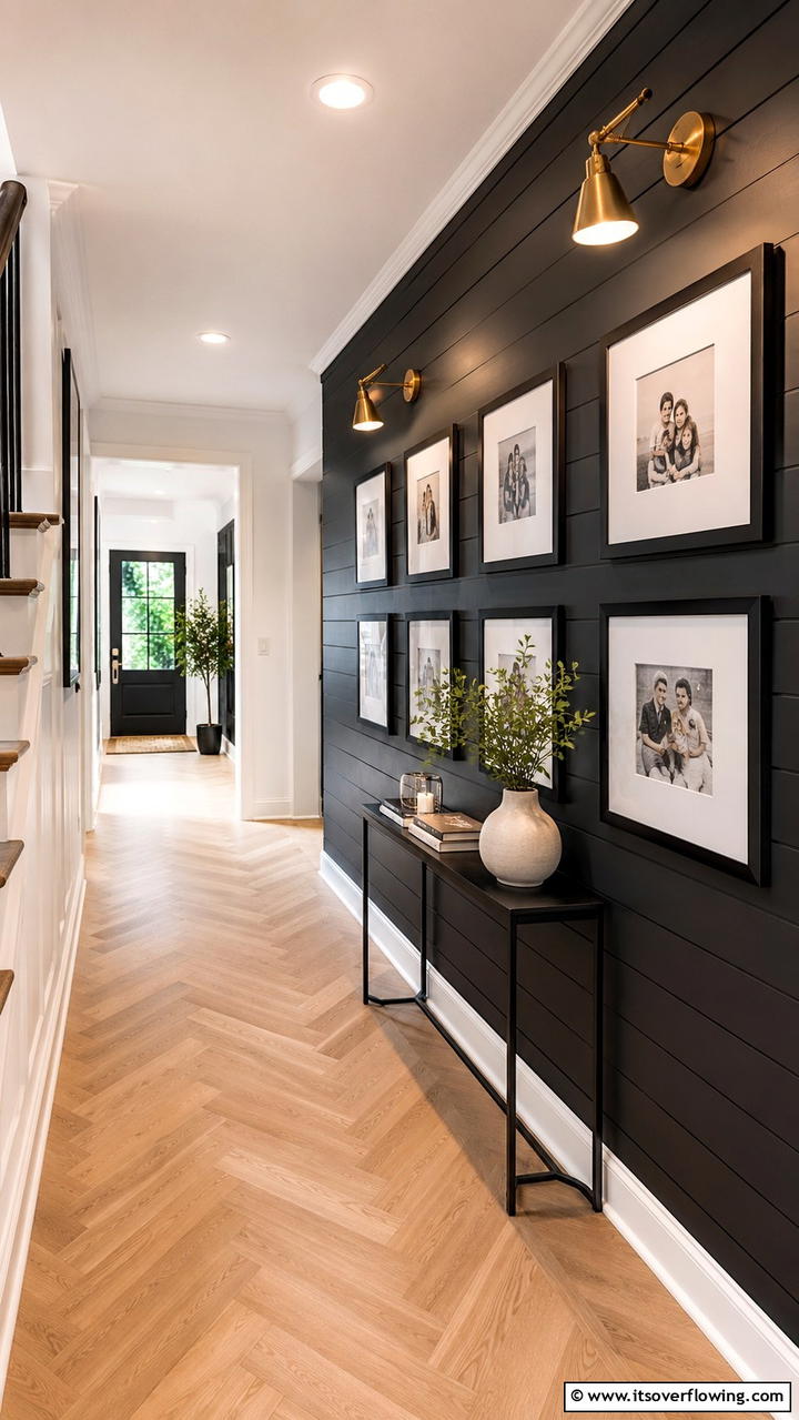 Versatile Hallway Installation - 30 Black Shiplap Wall Ideas for Timeless Interior Accents