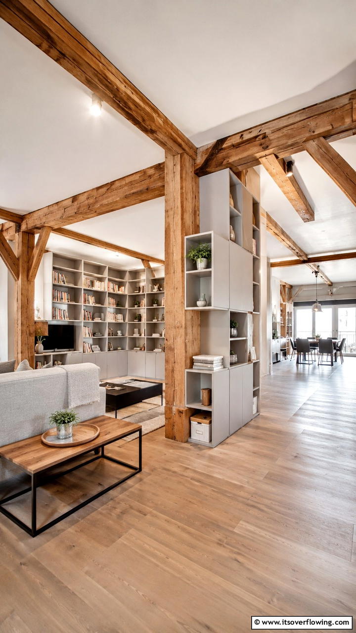 Versatile Space Solutions - 30 Exposed Beam Living Room Ideas for Rustic Charm