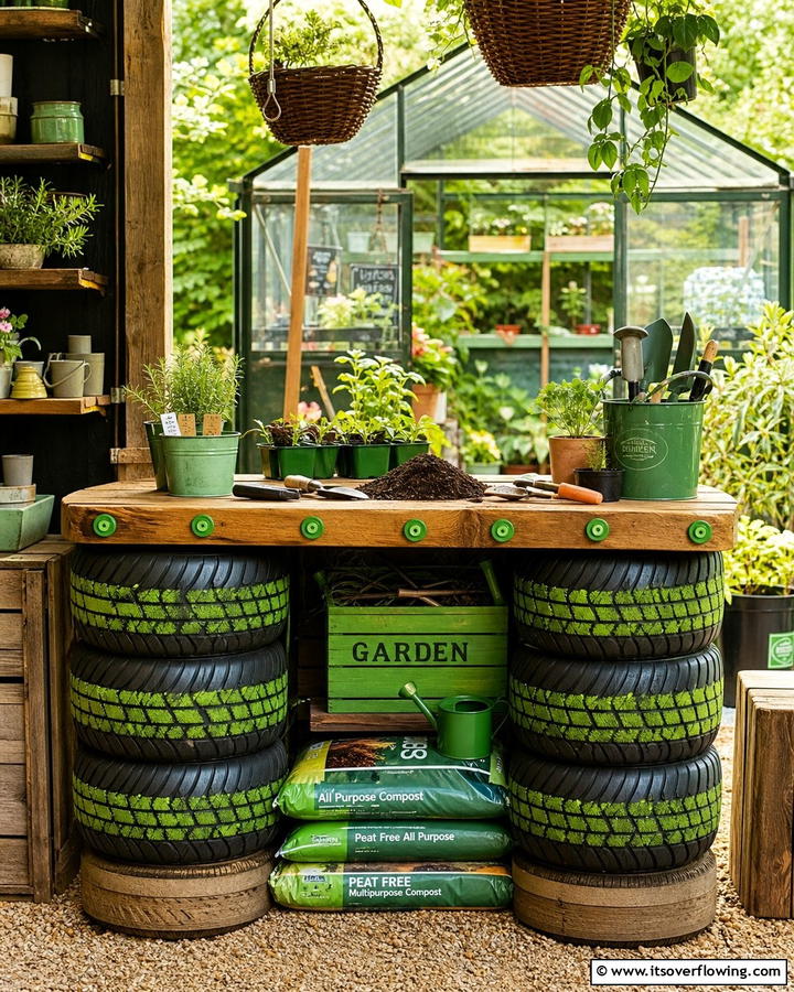 Versatile Tyre Potting Tables - 21 Recycled Tyre Garden Art Ideas for Eco-Conscious Spaces