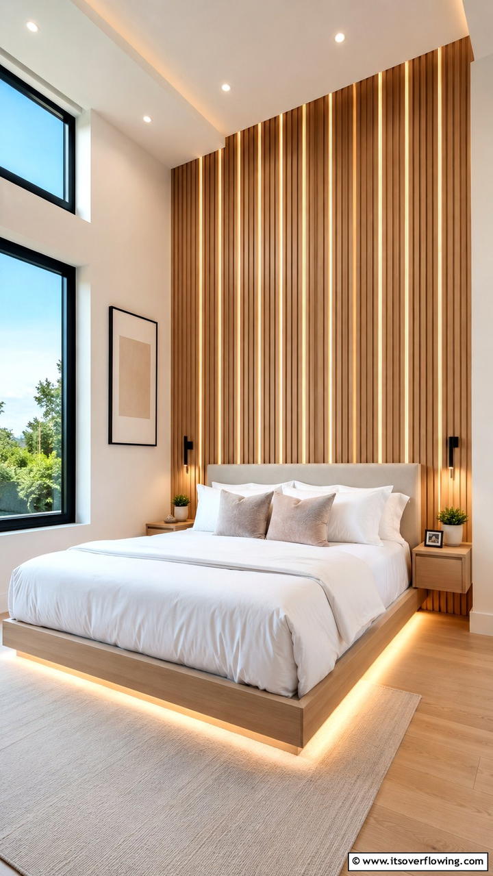 Vertical Accent Illumination - 21 Wood Slat Accent Wall Ideas to Elevate Your Interior Design