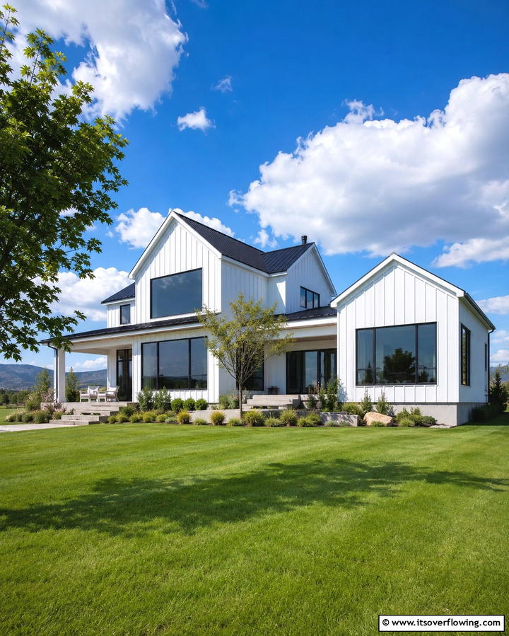 Vertical Board and Batten Siding with Black Windows - 25 White Farmhouse with Black Windows Ideas