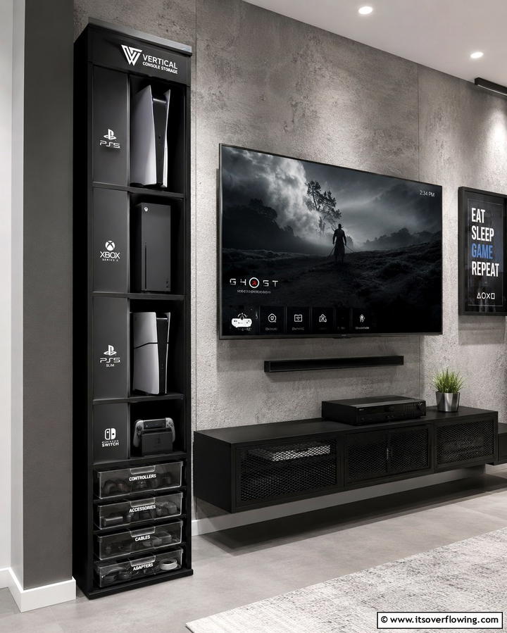Vertical Console Storage - 25 Small Game Room Ideas for Fun and Entertainment