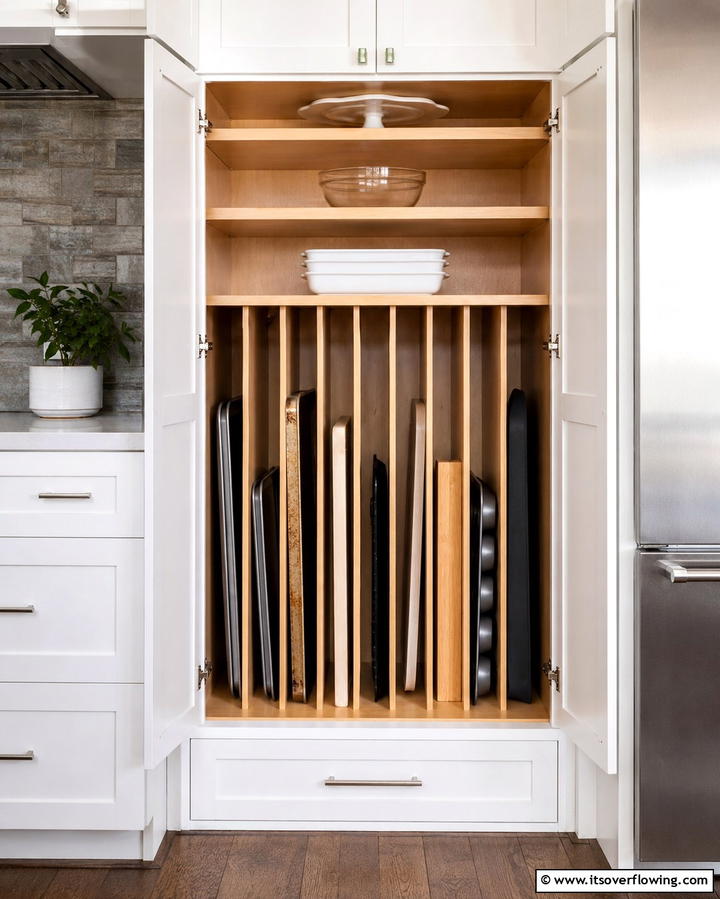 Vertical Dividers for Baking Sheets and Trays - 25 Pantry Shelving Ideas for Organized Kitchens