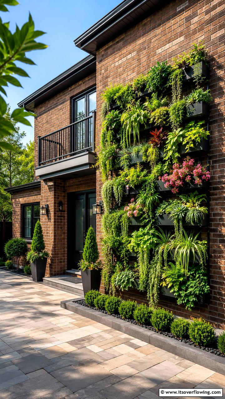 Vertical Garden Backdrop - 30 Brown Brick Exterior Home Ideas for Timeless Curb Appeal