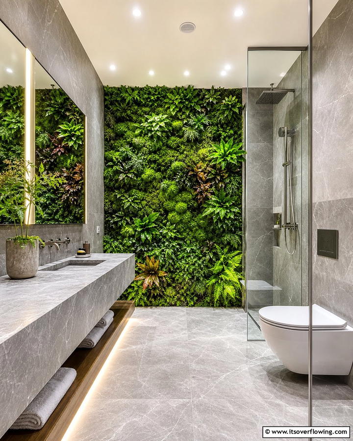 Vertical Green Wall with Grey Accents - 20 Green and Grey Bathroom Ideas for a Modern Look