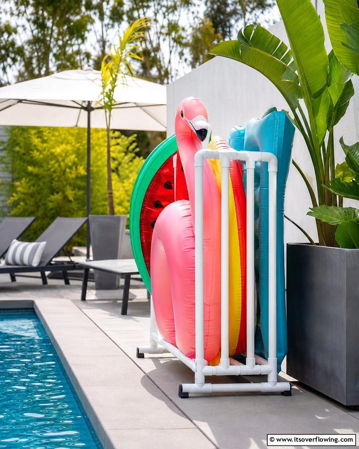 Vertical Pool Float Racks - 20 Pool Storage Ideas to Keep Your Backyard Tidy