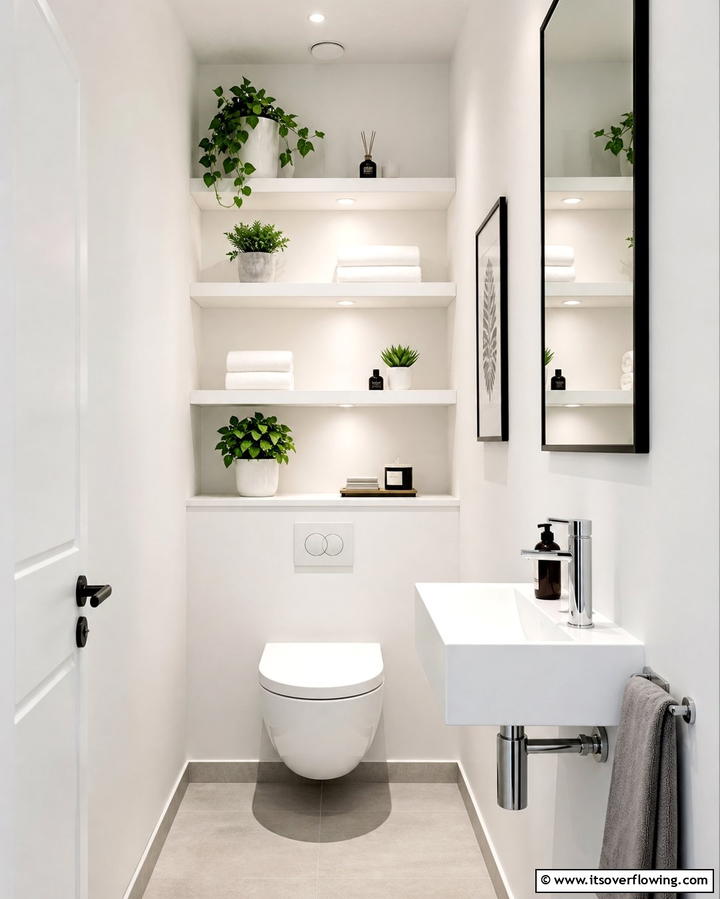 Vertical Shelving for Added Storage - 25 Downstairs Toilet Ideas for Small Spaces