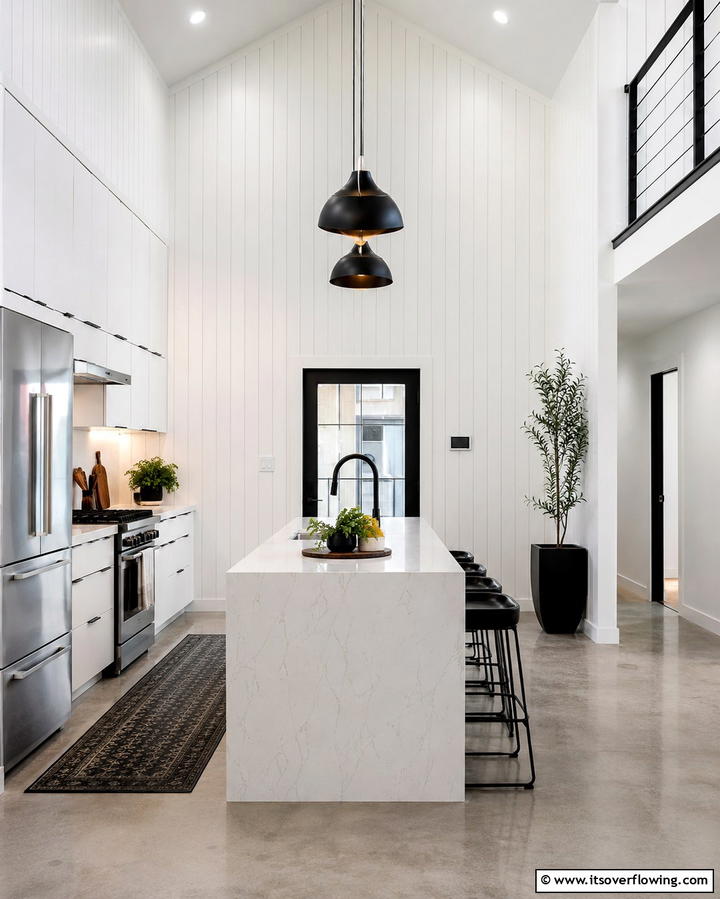 Vertical Shiplap with a Sleek Modern Island - 20 Kitchen Shiplap Ideas with Kitchen Island Designs