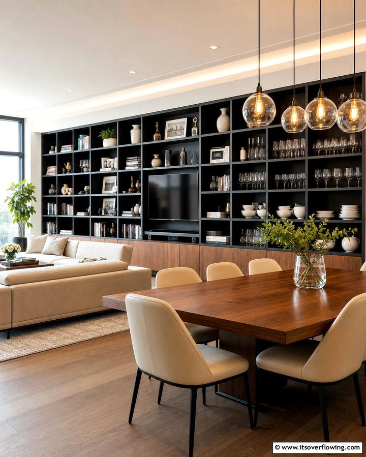 Vertical Storage for Efficiency - 25 Living Room Dining Room Combo Ideas for Open Spaces