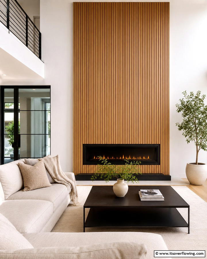 Vertical Wood Slats - 25 Floor to Ceiling Fireplace Ideas- Stunning & Modern