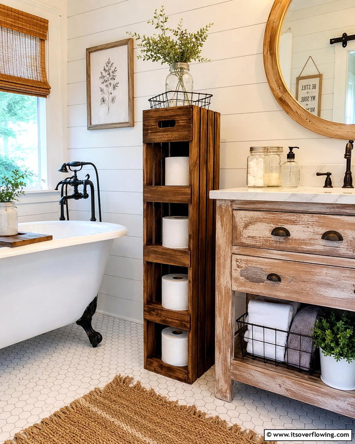 Vertical Wooden Crate - 20 Toilet Paper Storage Ideas for Organized Bathrooms