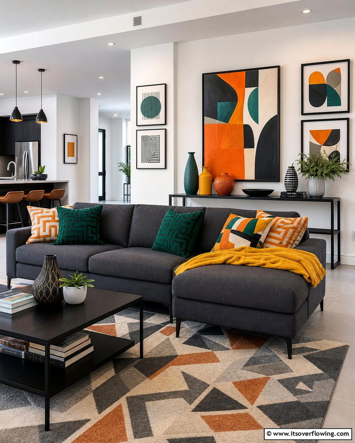 Vibrant Accent Details - 21 Dark Grey Couch Living Room Styling Ideas