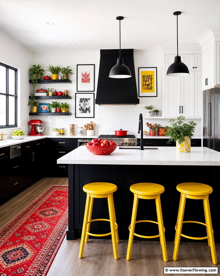 Vibrant Accent Pieces - 21 Striking Black & White Kitchen Ideas for Bold Spaces