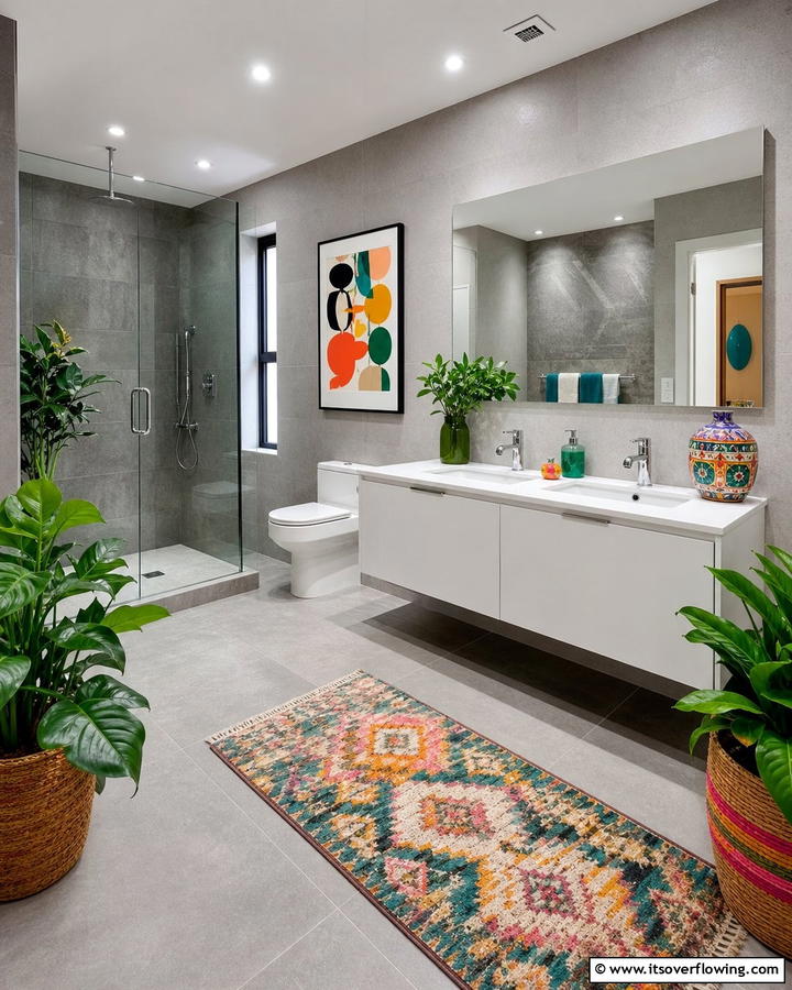 Vibrant Accents with Neutral Base - 21 Grey Tile Bathroom Ideas for Modern and Timeless Designs