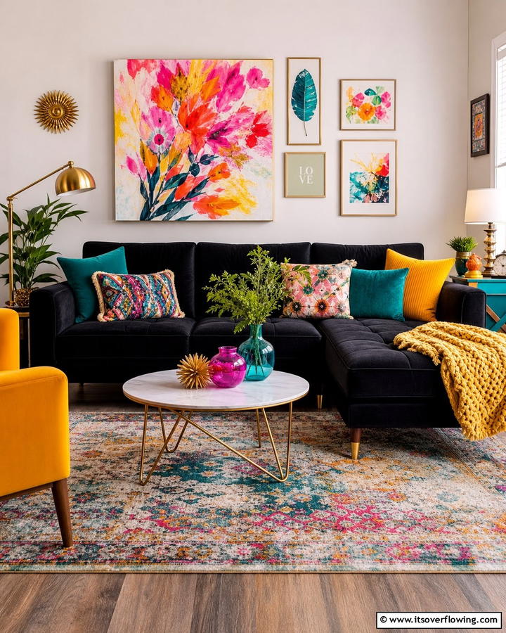 Vibrant Accents - 21 Living Room Ideas With Black Couches- Modern Style