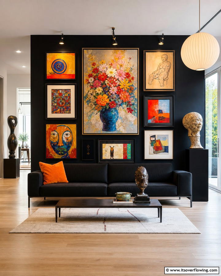 Vibrant Art Display on a Black Backdrop - 21 Chic Black Couch Living Room Styling Inspirations