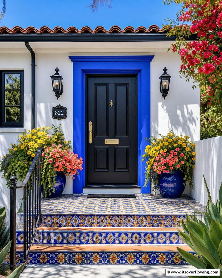 Vibrant Black with Colorful Surround Accents - 21 Black Front Door Ideas for Bold First Impressions
