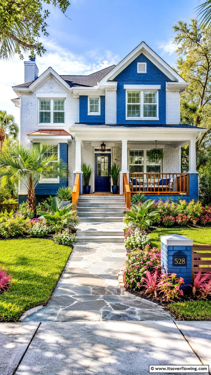 Vibrant Blue Accents - 30 Exterior Brick Paint Color Ideas for Curb Appeal