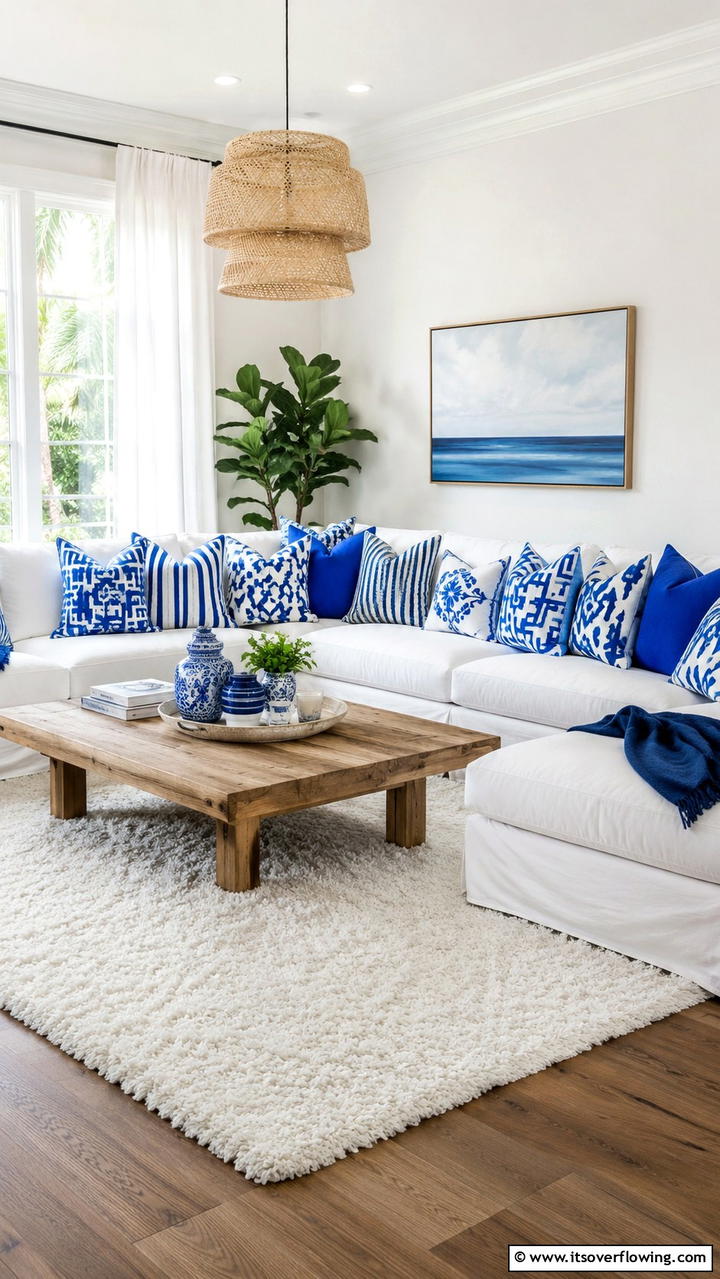Vibrant Blue and White Pillows - 30 Blue and White Decor Ideas for a Fresh and Serene Home Style