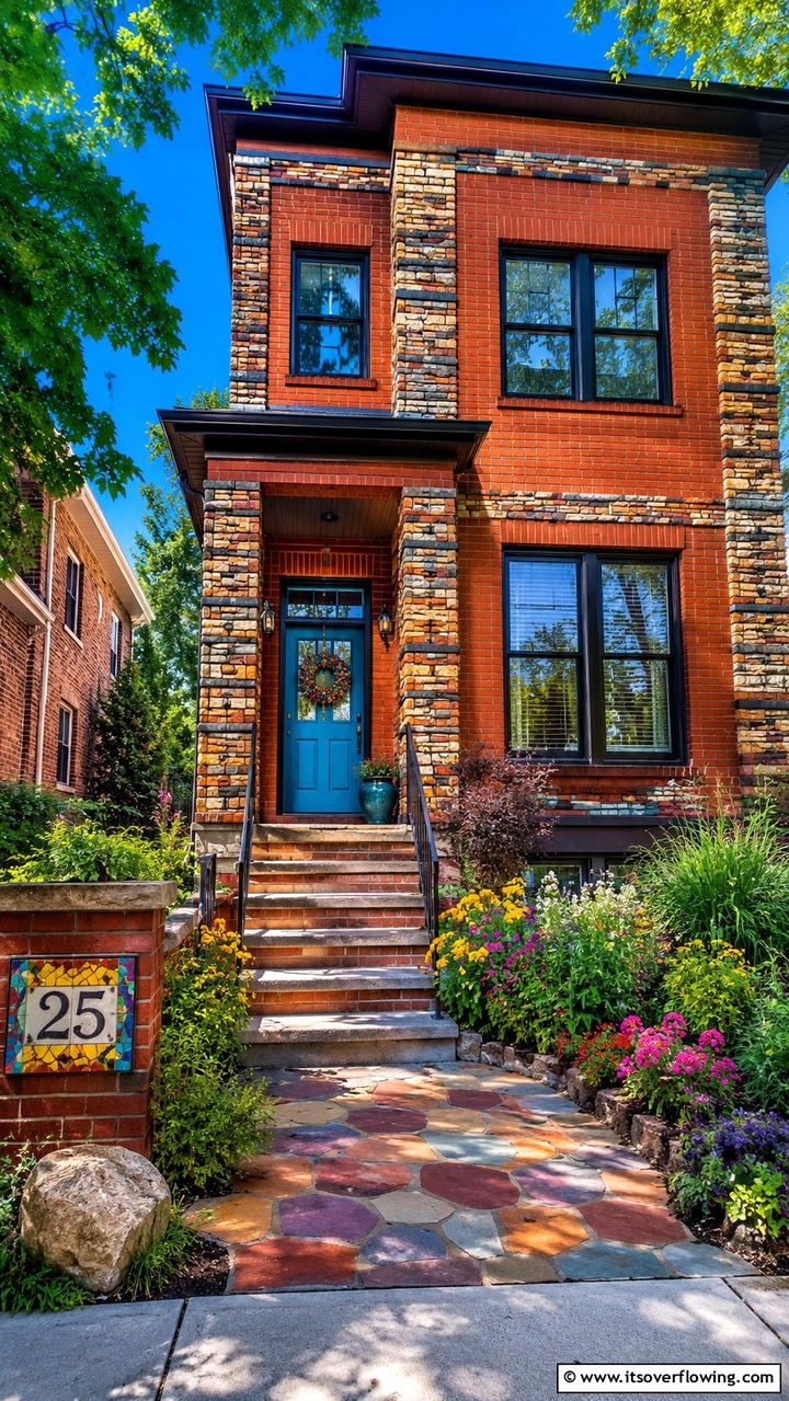 Vibrant Brick House with Dynamic Stone Highlights - 30 Brick Houses With Stone Accents- Exterior Design Inspiration