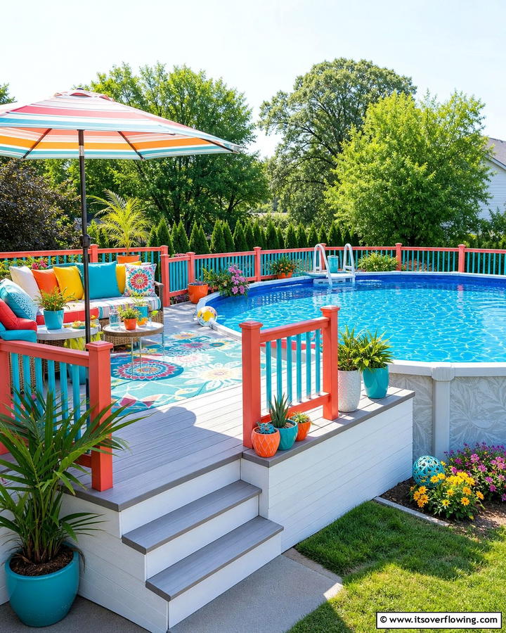 Vibrant Color Accent Deck - 21 Above-Ground Pool Deck Ideas for Backyard Fun