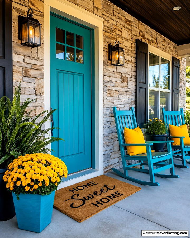 Vibrant Color Accents - 30 Barndominium Front Porch Ideas for Rustic Charm
