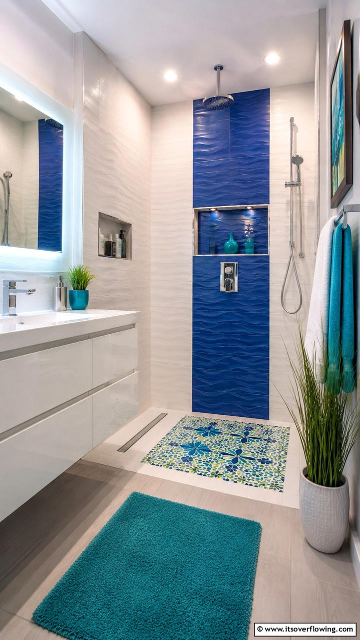 Vibrant Color Accents - 30 Doorless Walk-In Shower Ideas for Modern Bathrooms
