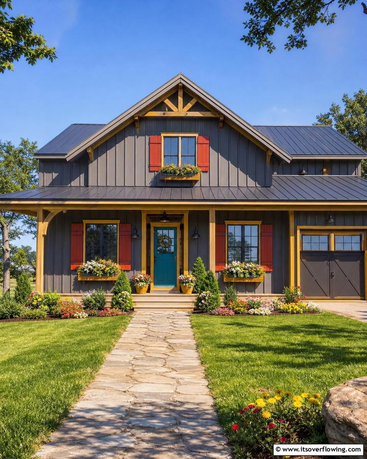 Vibrant Color Accents - 20 Barndominium Exterior Ideas for Curb Appeal