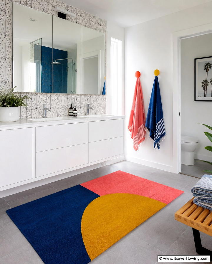 Vibrant Color Blocking Rug - 30 Bathroom Rug Ideas for Softness and Style Underfoot