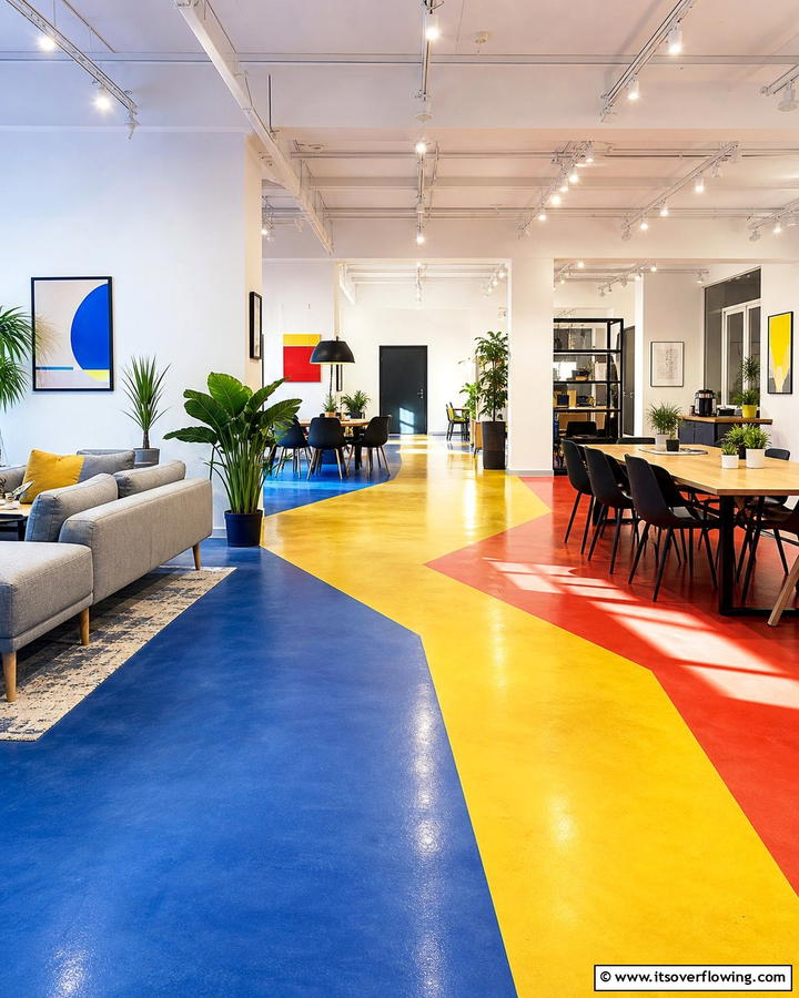 Vibrant Color Blocking - 20 Indoor Concrete Floor Paint Ideas for a Modern Look