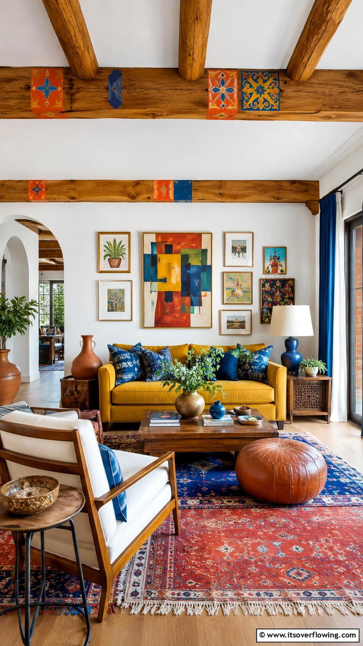 Vibrant Color Highlights - 30 Exposed Beam Living Room Ideas for Rustic Charm