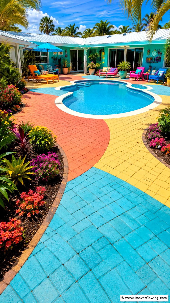 Vibrant Color Patterns - 30 Concrete Pavers Around Pool Ideas for Durable Style