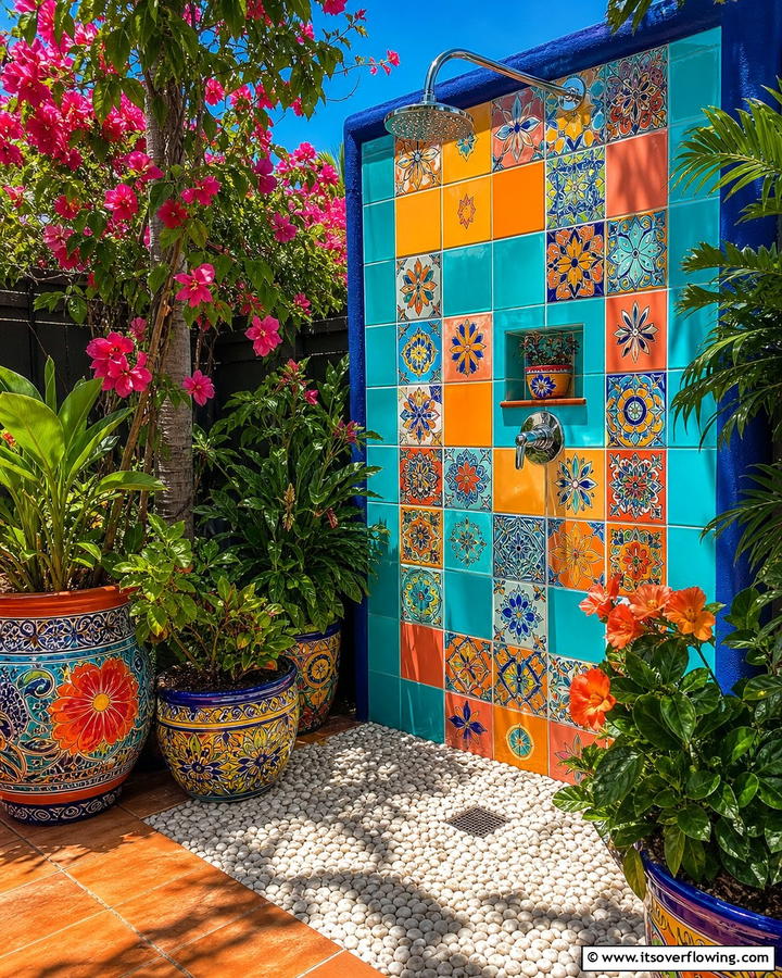 Vibrant Color Pop Oasis - 21 Outdoor Shower Designs for Poolside Luxury & Functionality