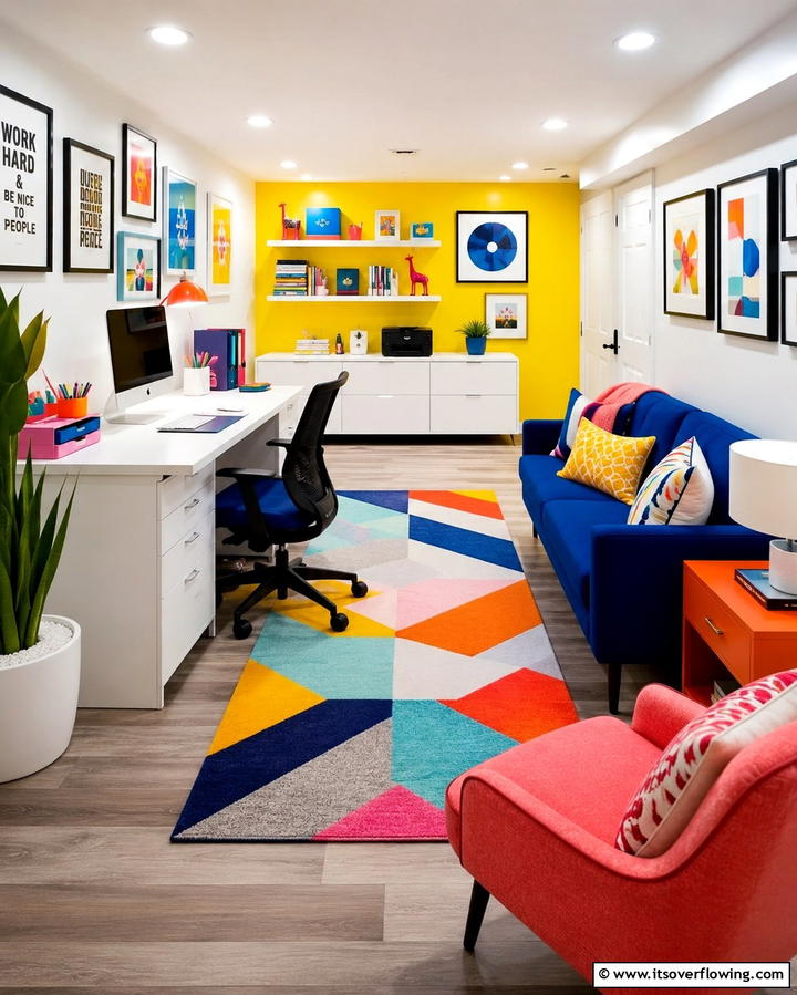 Vibrant Color Pop Office - 30 Basement Office Ideas for Productive Below-Ground Workspaces