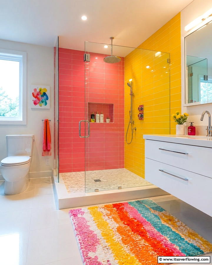 Vibrant Color Splash Shower - 30 Space-Efficient Corner Shower Ideas for Modern Bathrooms