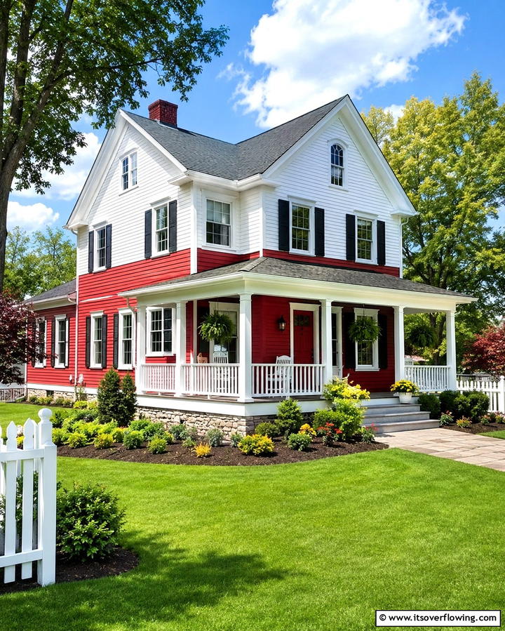 Vibrant Contrast with Red and White - 20 Two-tone Siding Designs for Modern Home Exteriors