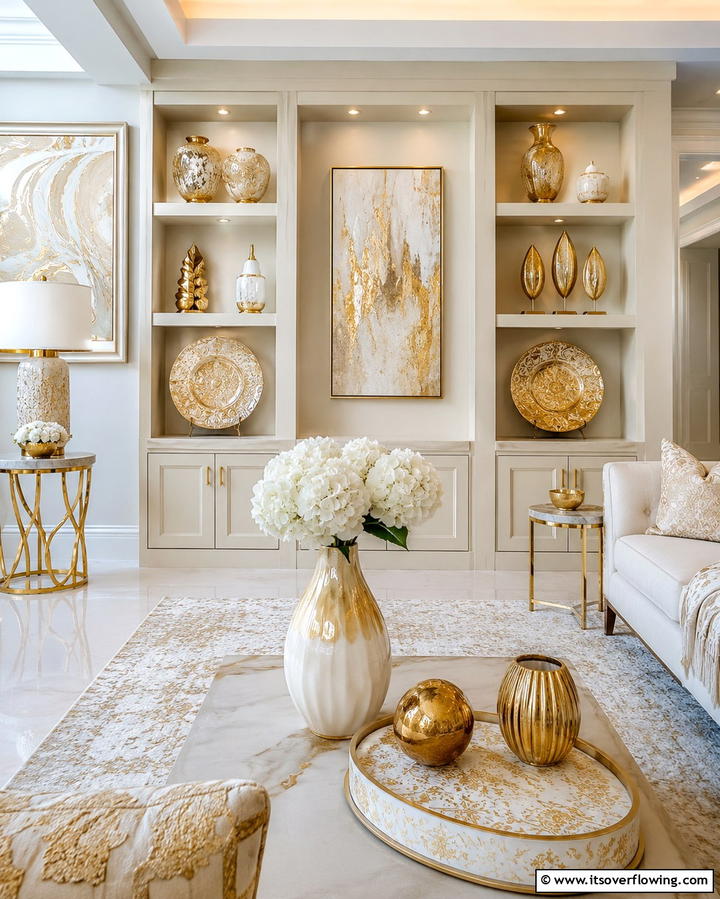 Vibrant Cream and Gold Decorative Accents - 30 Elegant Cream & Gold Living Room Themes for Luxe Interiors