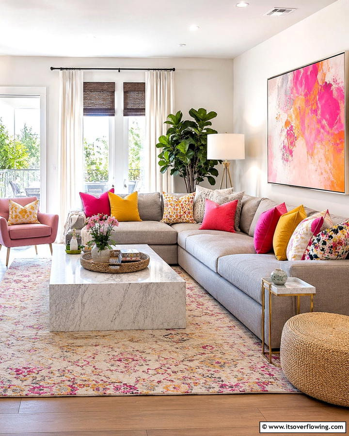 Vibrant Cushion Accents - 30 Yellow and Pink Decor Ideas- Vibrant Home Accents