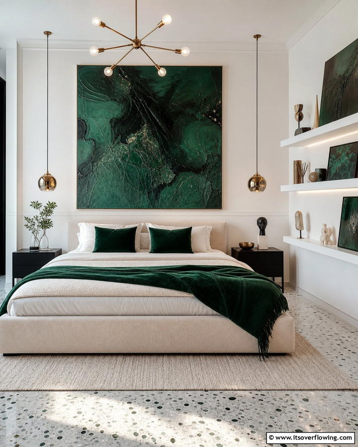 Vibrant Dark Green Artistic Touch - 21 Dark Green Bedroom Ideas- Moody & Luxurious Spaces
