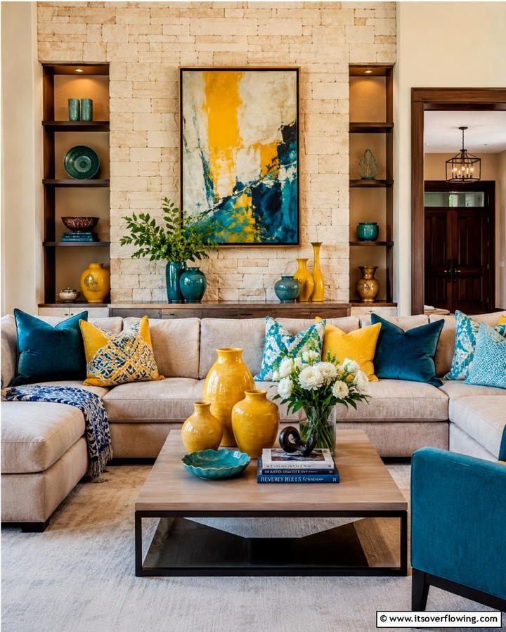 Vibrant Decorative Accessories - 30 Mediterranean Living Room Ideas- Warm & Inviting Spaces
